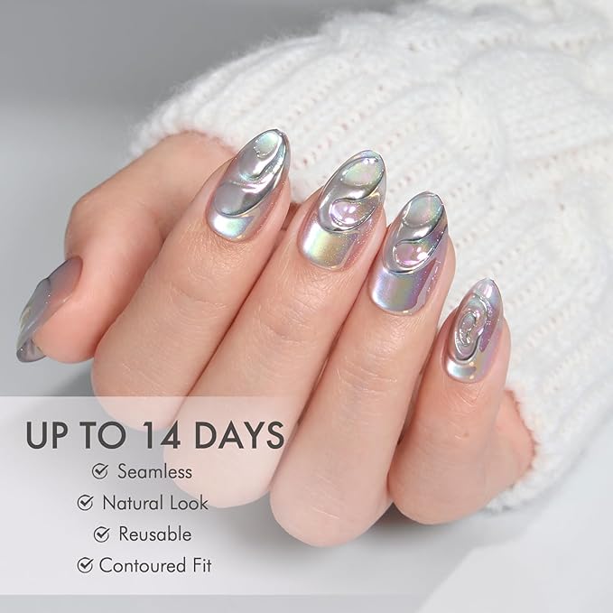 VSALON Short Almond Press-On Nails - Silver Cat Eye Chrome 3D Design, Reusable Fake Nails with Nail Glue, Protector Cuticle Oil, Adhesive Tabs & Mini Nail File - 32 PCS in 16 Sizes (Seagull Dance)