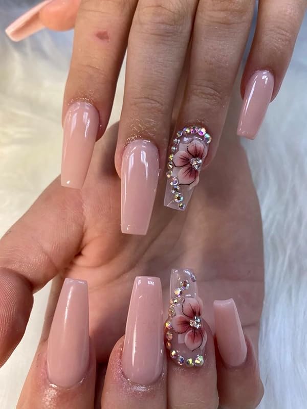 3D Acrylic Nude Flower Nail Art Charms Handmade by Acrylic Powder - 24pcs 3D Flowers Nails Rhinestones Kit 3D Crystal Nail Pearls Design Acrylic Nail Art for Women (Nude)