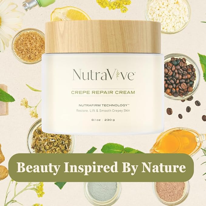 NutraVive Crepe Repair Cream – Anti-Aging Crepey Skin Treatment, 8.1 Oz – Restore, Lift, Tighten & Smooth Loose Skin – Collagen Boosting Body, Neck & Facial Repair Cream