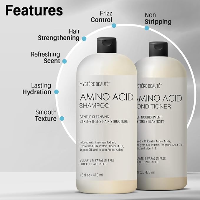 Amino Acid Shampoo and Conditioner Set for All Hair Types | Nourishing Amino Acid Hair Shampoo with Vitamin E & Jojoba Oil for Frizz Control & Shine Moisturizing Amino Acid Conditioner - 16 fl oz each