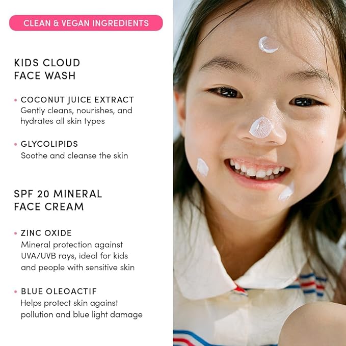 Happy Morning DUO Kids Spa Headband for Girls: Clean & Vegan Skin Care Bundle | Cloud Face Wash + SPF 20 Mineral Face Cream | Non-Toxic | Easy-to-Use Skincare