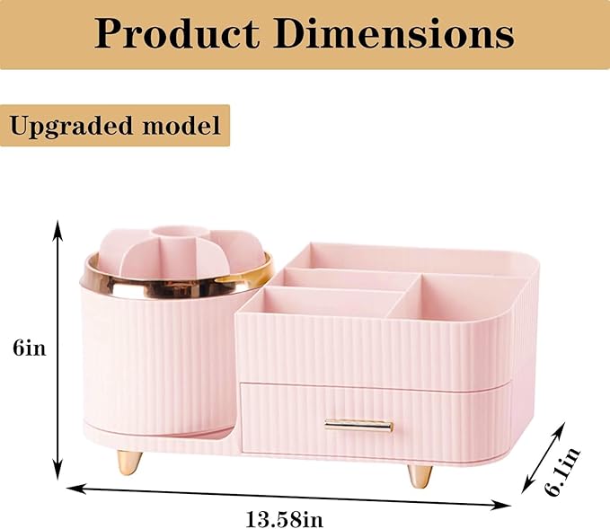 Rotating Makeup Organizer for Vanity with Brush Holder and Drawer, Cosmetic Makeup Storage, Large Spinning Makeup Skincare Organizer, Countertop Makeup Perfume Organizer, Lotions Display Case (Pink)