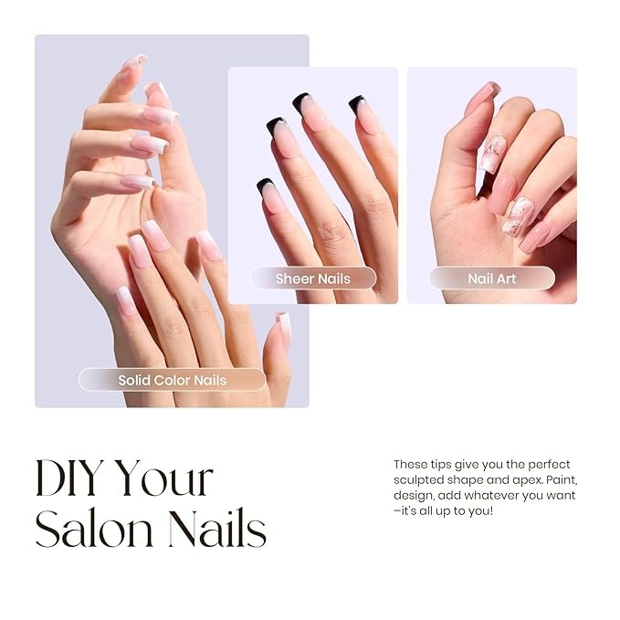 Tipex Gel Nail Tips Kit, Pre-etched Acrylic Hard Nail Tips Set for Beginners, Short Square Full Cover Press On Nails, Deep C Curve Flat Nails, 16 Sizes, UV Nail Glue, LED Lamp, Base Gel