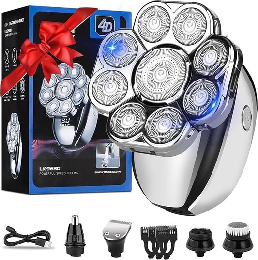 Upgrade Head Shavers for Bald Men,Head Shaver 9D, 6-in-1 Electric Razor Grooming Kit with Nose Hair Trimmer, Waterproof Wet/Dry Shaver, LED Display, Rechargeable Bald Head Razor, Gift for Men (silver)