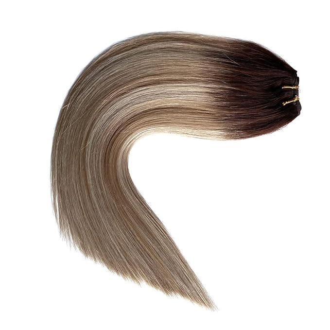 Sew in Hair Extensions Real Human Hair, Ombre Brown to Ash Brown Balayage Blonde Highlights Weft Hair Extensions Human Hair Bundles 12 Inch 80G Hand Tied Weft Hair Extensins Human Hair