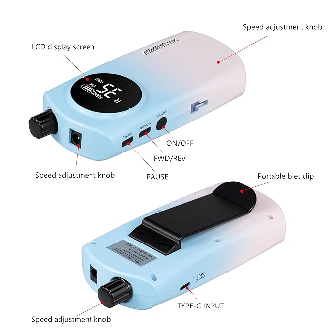 35000RPM Electric Nail Drill, with 4 Ultra Hard Wear-Resistant Ceramic Drill Bits & 6 Metal Nail Drill Machine Bits, Acrylic Gel Nails, DIY Manicure Pedicure Tools for Home and Salon Use (Blue Pink)