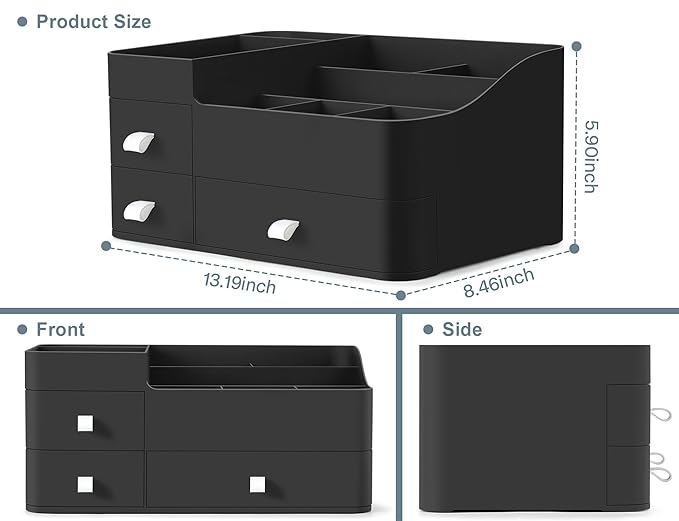 ONXE Makeup Organizer With Drawers,Large Countertop Storage for Cosmetics Elegant Vanity Holder for Brushes, Eyeshadow, Lotions, Lipstick, Nail Polish and Jewelry (black)