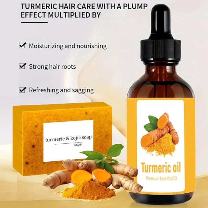 Turmeric Soap & Essential Oil Set, 6 Counts Turmeric Soap and Essential Oils with Soap Bag, Turmeric Oil Premium Essential Oil Set for Face & Body, Turmeric Lemon Soap Bar