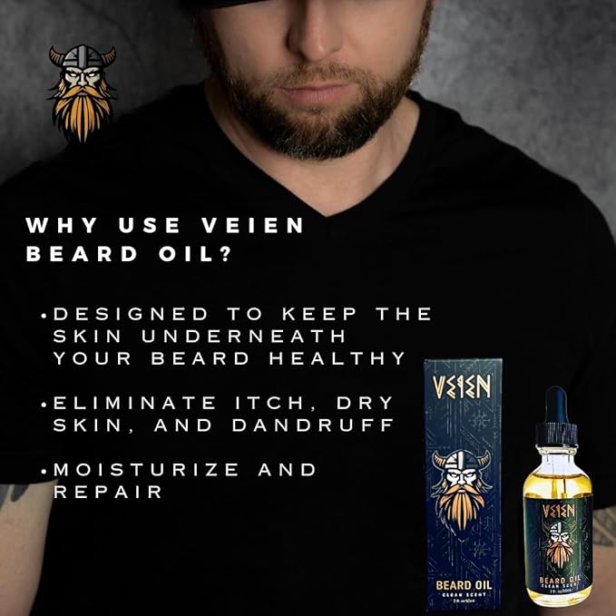 Veien Beard Oil for Men Premium All-Natural 2floz Made in USA for Thicker Darker Fuller Growth Moisturizes Conditions Softens Strengthens Smooths Frizz Hydrates for All Hair & Skin Types Reduces Itch