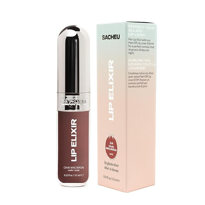 Sacheu Lip Elixir Nourishing and Hydrating Lipgloss — Moisturizing Plumping Lip Gloss Enriched with Collagen, Non-Sticky Lip Color Smooth High-Shine Finish, Vegan & Cruelty-Free, Chai Macaron