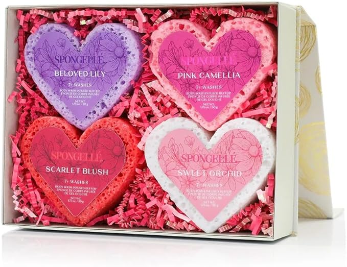 Spongellé Heart Buffer Gift Set | Exfoliating Body Wash Infused Sponges | Sweet Orchid, Scarlet Blush, Lily & Pink Camellia | Perfect for Valentine’s & Mother’s Day
