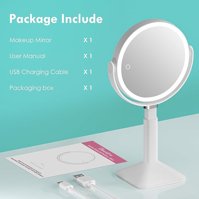 Makeup Mirror with Lights,Magnifying Mirror with Light and Touch Sensor, 1x/10x 360° Rotation Vanity Mirror with 3 Color Light,Rechargeable Double Sided Lighted Desktop Mirror,Women Gift-White