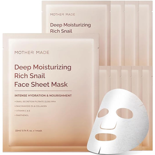 MOTHER MADE Moisturizing Anti-aging Snail Mucin Face Masks 10 EA, with Collagen, Niacinamide 2%, Squalane, Face Masks for Dry, Sensitive Skin, Travel Essentials, Self Care, Korean Skincare