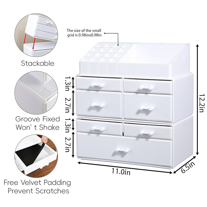 Cq acrylic 3 Pack White Organizer for Vanity With Drawer Cute Kawaii Makeup Organization for Cosmetics,Pretty Jewelry Organizer for Perfume,Skincare,Brush, Lipstick,Nail Polish and Accessories Storage