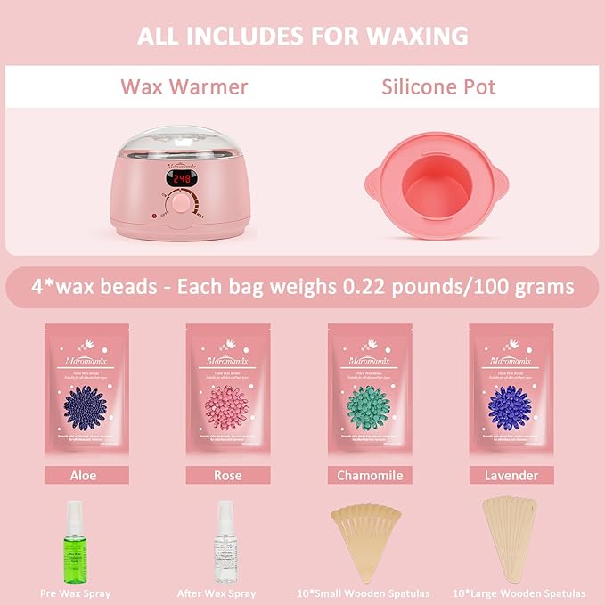 Waxing Kit -Digital Wax Warmer Machine for Hair Removal with 4 Packs of Hard Wax Beads & Silicone Wax Pot for Full Body, Legs, Face, Eyebrows, Bikini, Brazilian at Home Waxing Kit for Women Men