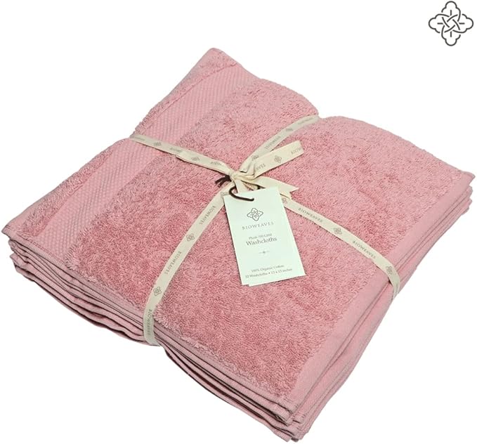 BIOWEAVES 100% Organic Cotton 700 GSM Luxury Wash Cloths GOTS Certified 13" x 13" Face Towel - Dusty Pink, Pack of 12