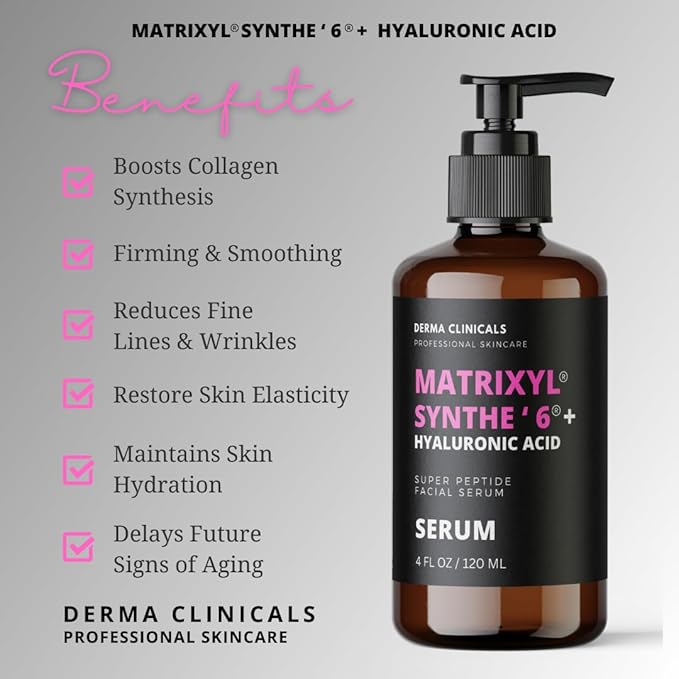 Matrixyl Synthe'6 Serum + Hyaluronic Acid, Anti-Aging, Hydrating facial Serum, Produce Collagen, Anti-Wrinkle, Fine Lines, Firming Serum - 4oz