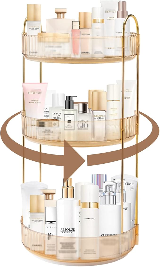 360 Rotating Makeup Organizer, Yellow, Unisex, 3 Tier Countertop Storage, Fits Cosmetics, Perfume, Skincare, Lipsticks