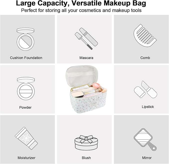 3Pcs Cotton Quilted Makeup Bag for Women Girls, Large Floral Cosmetic Bag Set Cute Makeup Brushes Aesthetic Accessories Storage Bag Flower Travel Toiletry Bag Organizer