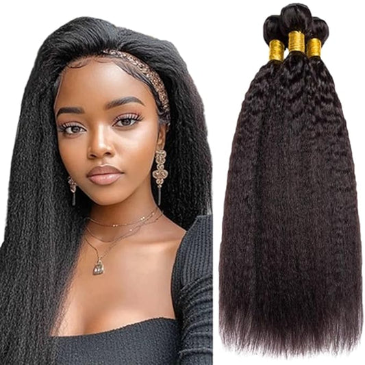 #1B Yaki Straight Bundles Human Hair Color 1B Kinky Explosion Bundles Brazilian Human Hair Extensions Soft and Silky for Women Yaki Straight 26 28 30 Inch