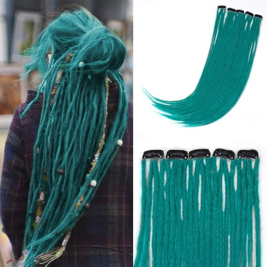 20 Strands 5 Clips In Dreadlock Extensions, 24 inch Teal Green Synthetic Clip In Dreads Extensions for Woman