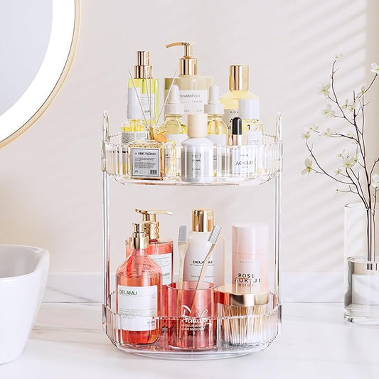 Delamu Rotating Bathroom Countertop Organizer, Large Capacity 2-Tier Multi-Function Storage for Cosmetics, Skincare, and Perfume. Makeup Organizer Countertop Ideal for Dresser, Bathroom,Vanity, Clear
