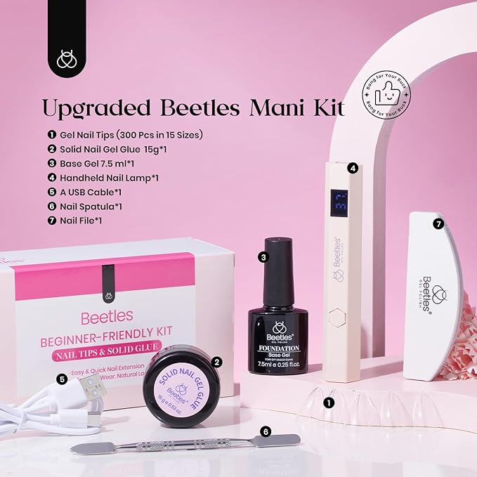 Beetles Gel Nail Kit, 300Pcs Almond Medium Nail Tips with Solid Nail Gel Glue,15 Sizes Soft Clear Nail Tips with Base Coat, Handheld Nail Lamp, Easy Nail Extension Set DIY Manicure Art Gift for Girls