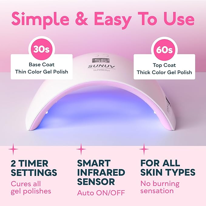 SUNUV UV Light for Nails, Dryer for Gel Polish with Sensor 2 Timers and Display SUN9X Plus UV Nail Lamp Pink