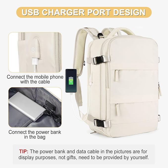 Beige Large Travel Backpack For Women Men Airline Approved Personal Item Backpack For Airlines Carry On Backpack Flight Approved Waterproof Backpack For Traveling On Airplane Weekender Travel Bag