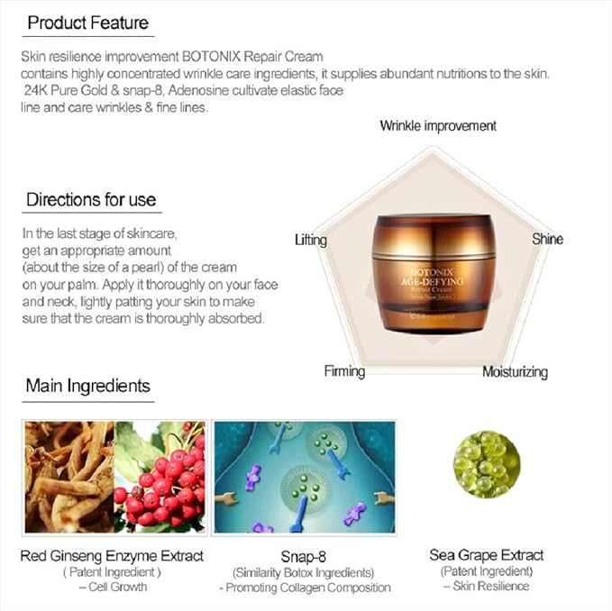 BOTONIX Natural Age Defying Cream 24K Gold and 8 Peptides Face Lifting and Firming Bundled with 1 Pack Oil Absorbing Blotting Paper