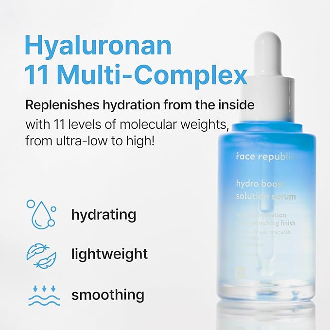 Face Republic Hydro Boost Solution Serum 45ml 1.52 fl oz | Hyaluronic acids, Adenosine | Hydrating, Refining | Anti-wrinkle | No Artificial Color | For Dry, Sensitive Skin | Vegan Korean Skin Care