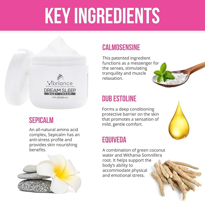 Vibriance Dream Sleep Body Cream, 4 fl oz - Fluffy Full Moisturizer for Dry Skin, Relaxation and Rejuvenation with Therapeutic Ingredients, Soothing Vanilla Aromatics