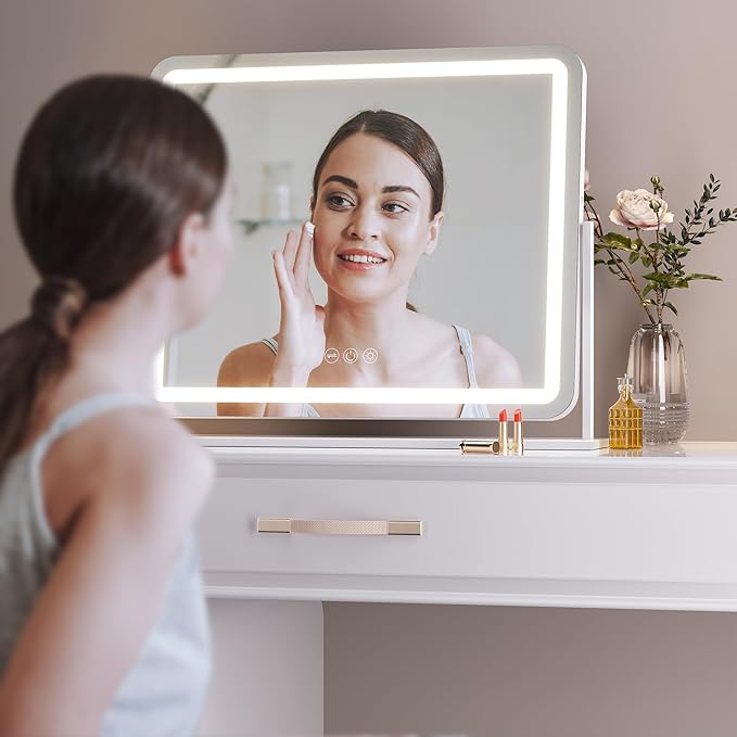 Hasipu Vanity Mirror with Lights, 22" x 18" LED Makeup Mirror, Light up Mirror with Smart Touch 3 Colors Dimmable, Brightness Adjustment, 360ยฐ Rotation (White)
