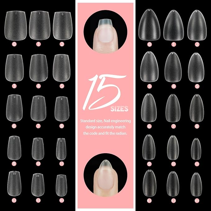 960Pcs Soft Gel X False Nail Tips, 4 Styles Kit Short Coffin Short Almond Medium Coffin and Medium Almond Pre-shaped Matte Full Cover Acrylic Fake Nail Set 15 Sizes