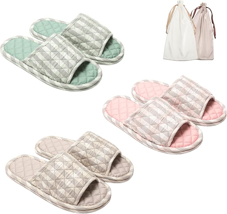 3 Pairs Floral Cotton House Slippers for Women, Open Toe Indoor Slippers Comfortable Washable Portable Foldable Guest Travel Hotel Airplane Spa Slippers
