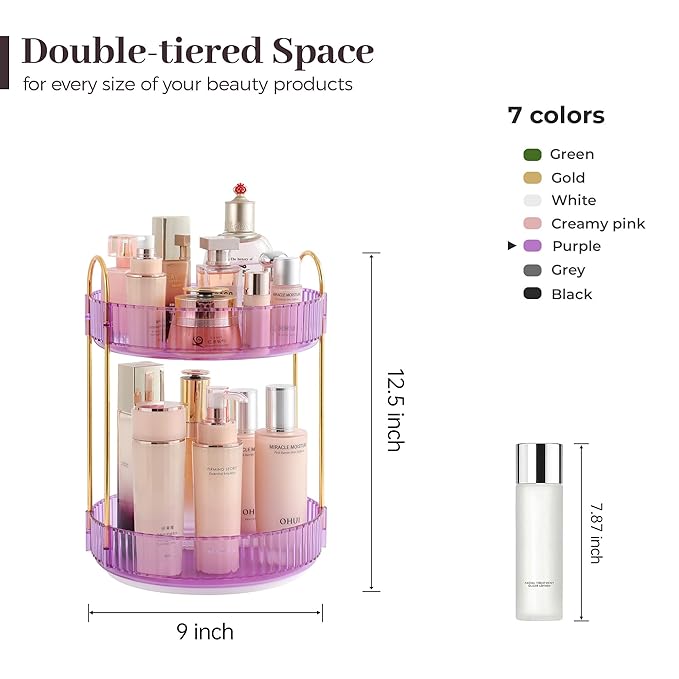 Aveniee Rotating Makeup Organizer for Vanity, Perfume Skincare Organizers Spinning, 2 Tier Bathroom Countertop Storage Organizer, Cosmetics Lipstick Holder for Countert Dresser(Purple)