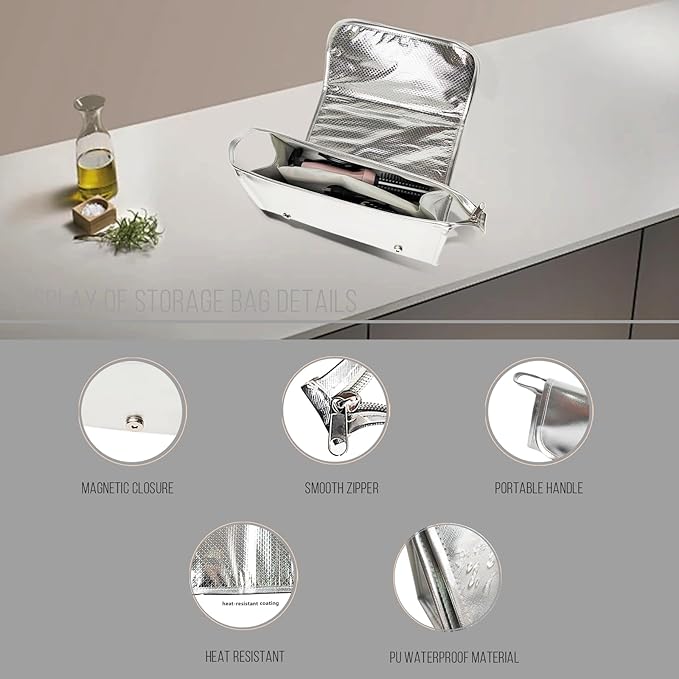 DAN Technology Hair Tools Travel Bag, 12.5 x 5.5 x 5.5 inches, Silver - Heat Resistant Mat, Protective Pad, Hanging Rope, Portable Design, Ideal for Hair Dryer, Curling Iron, Flat Iron, Straighteners