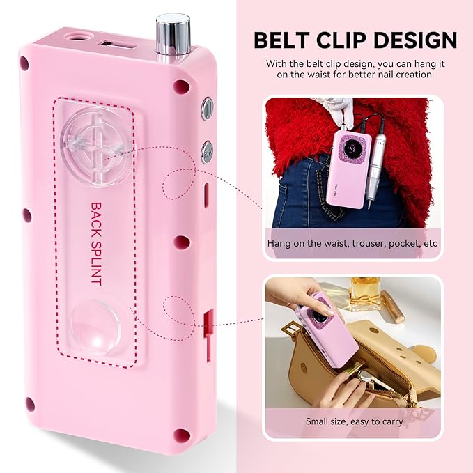 45000RPM Professional Portable Nail Drill Electric File with Pink diamond, Rechargeable Nail E File Machine with Bits & Clean for Acrylic Nails Remove Nail Gel Polish Manicure, Cordless