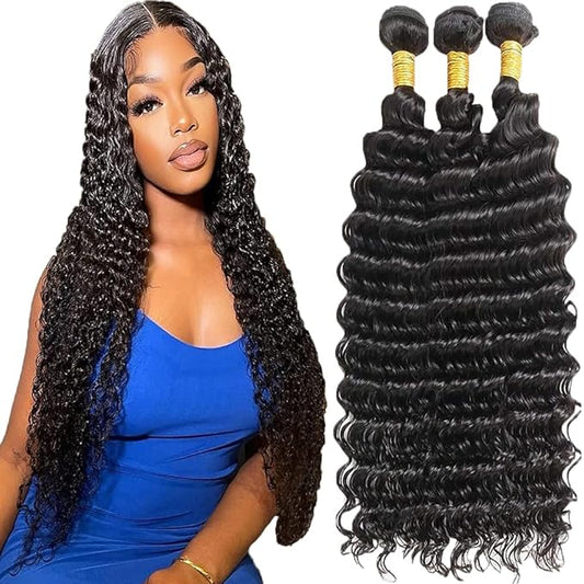 #1B Human Hair Deep Wave Bundles Color 1B Deep Wave Bundles 8a Grade Double Weft Weave Extensions Brazilian Human Hair Soft and Silky for Black Women 20 22 24 Inch
