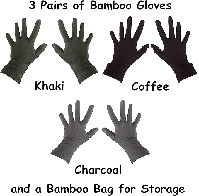 Bamboo Gloves for Eczema, Medium, Women and Men, Dry Hands, Overnight Moisturizing Gloves, 3 Pairs