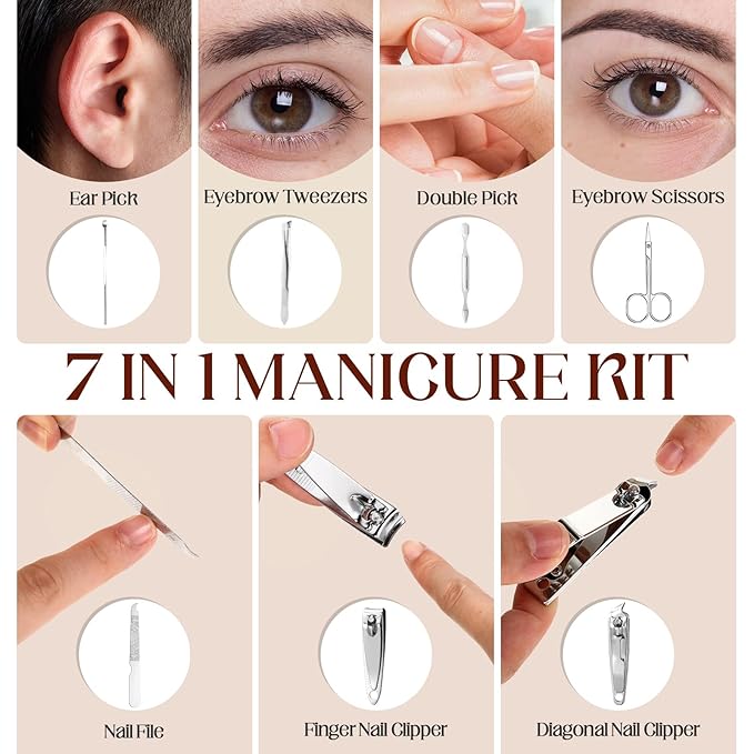 Lasnten 24 Set Manicure Set Bulk Nail Clippers Grooming Nail Kit Stainless Steel Professional Pedicure Kit Pedicure Tools with Travel Case Gifts for Men Women Personal(7 in 1,Fresh Colors)