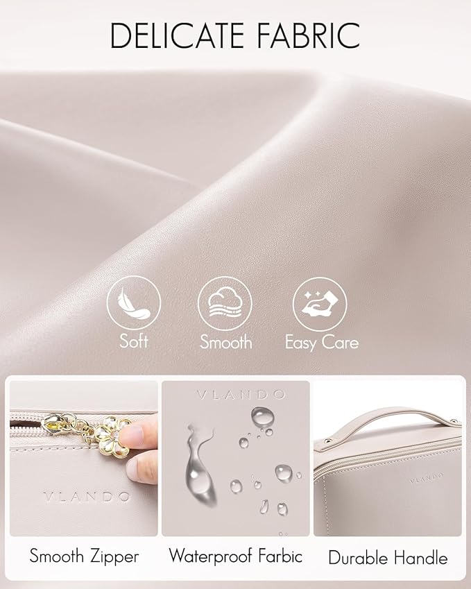 Vlando Travel Makeup Bag, Gifts for Mom Teachers,Make up Bag Travel Toiletry Bag for Women Open Flat Makeup Organizer with Divider and Handle-White