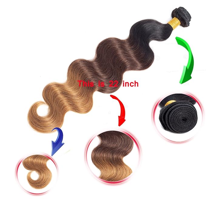 Ombre Body Wave Bundles Brazilian Virgin Human Hair Bundles Ombre Human Hair Extensions 3 Tone Mixed 1B/4/30 Color (14 16 18) Ombre Bundles Body Wave 3 Bundles