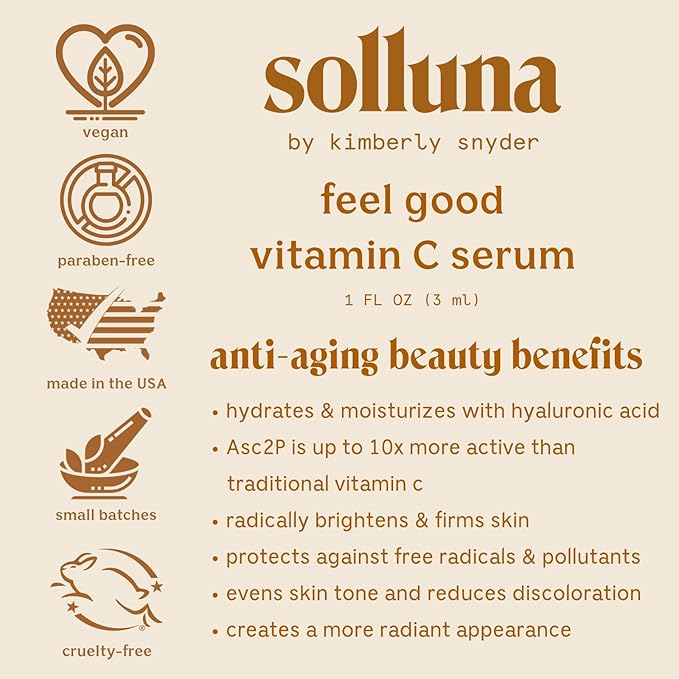 Feel Good Vitamin C Serum — Hydrating, Firming & Soothing Anti-Aging Facial Serum with Hyaluronic Acid Asc2P & Botanical Extracts — Solluna by Kimberly Snyder (1oz) Plant-Based, Cruelty-Free & Non-GMO