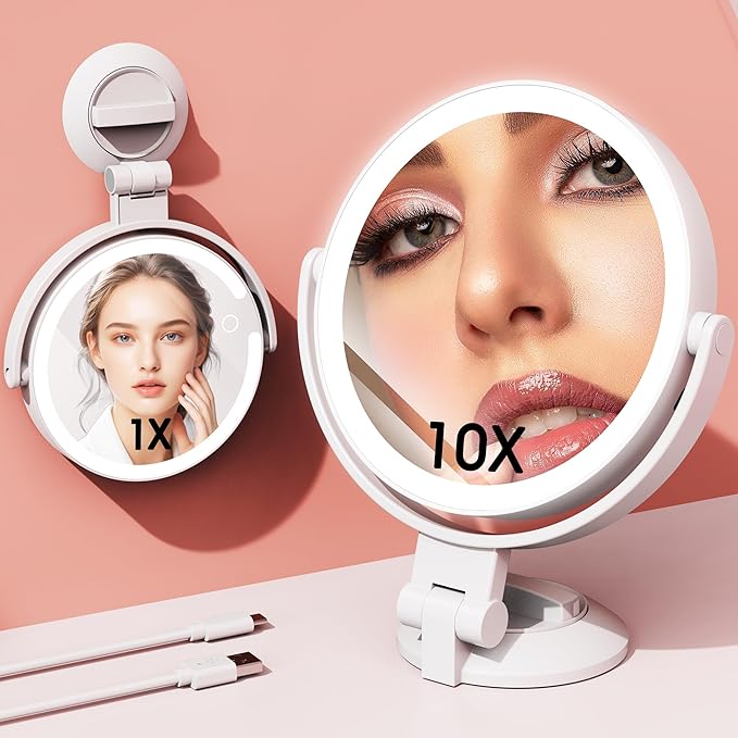 10X/1X Makeup Mirror with Lights and Magnification, 7.1” Wall Mounted Desktop Double-sided Magnifying Mirror with Suction Cup, 360°Swivel Rechargeable Travel Vanity Mirror with 3 Colors & Dimmable