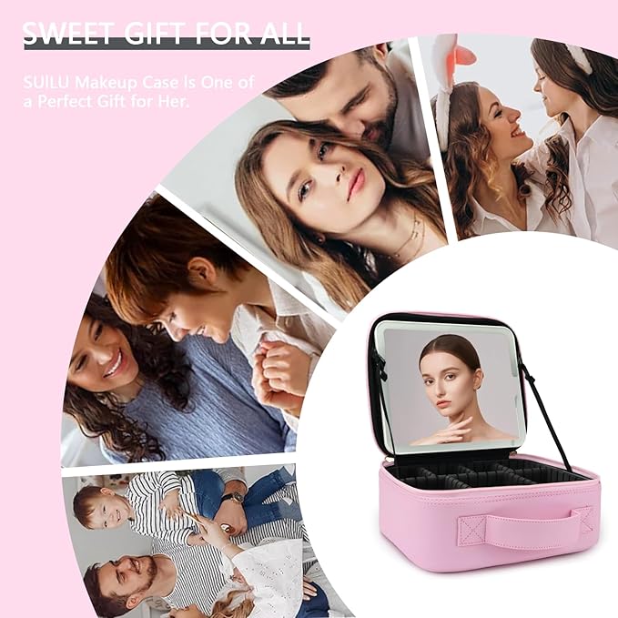 Travel Makeup Bag with LED Lighted Mirror,Cosmetics Organizer, Makeup Bag with 3 Color Lighted Setting, Portable Storage and Adjustable Dividers Travel Makeup Bag(Light Pink)