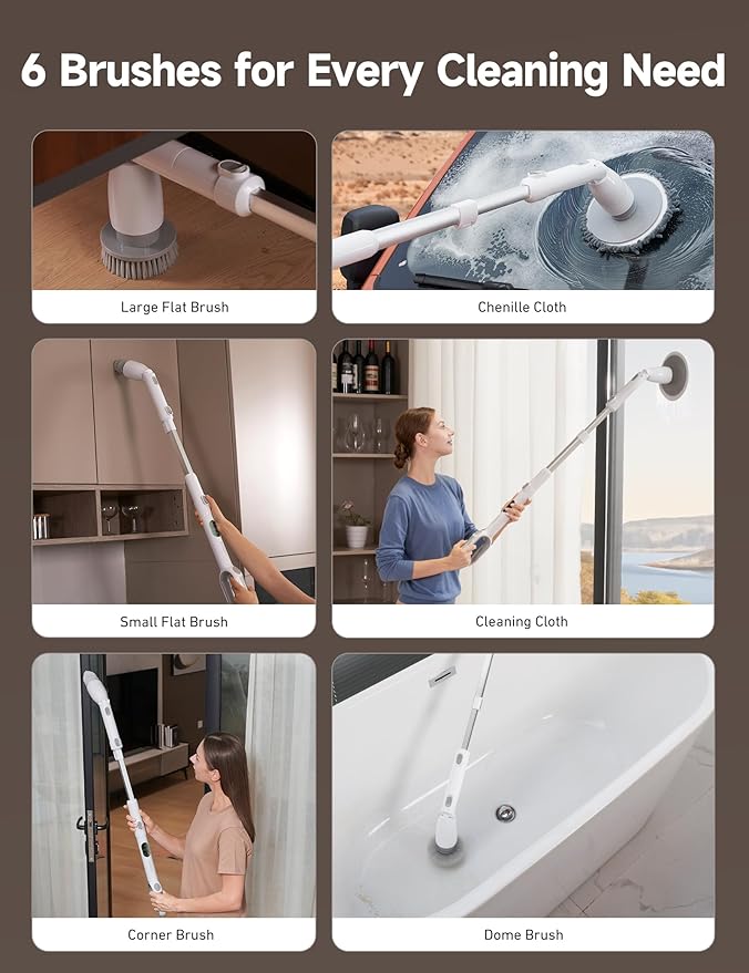 HiCOZY Electric Spin Scrubber HS1 Pro, Shower Scrubber with 2024 New Upgraded Voice Prompt LED Smart Display, Cleaning Brush with 4 Adjustable Speeds, 6 Replaceable Brush Heads Light White