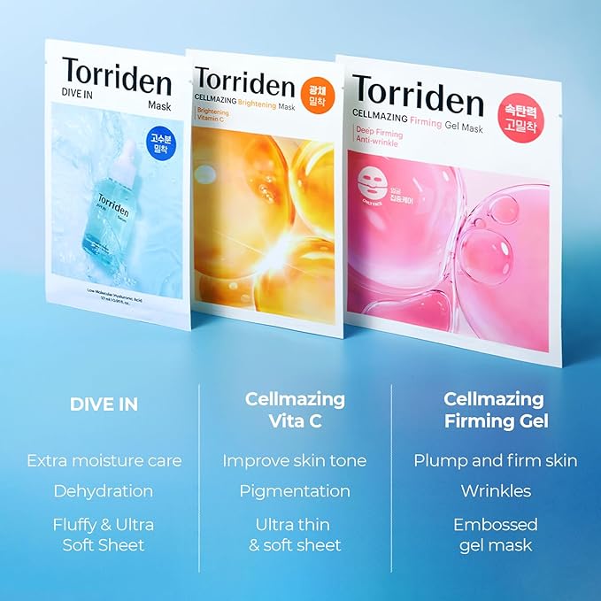 Torriden Special Mask Set (15 sheets) | DIVE IN Hyaluronic Acid Mask (5 sheets) + CELLMAZING Vita C Mask (5 sheets) + CELLMAZING Collagen Firming Gel Mask (5 sheets) | Korean Face Mask