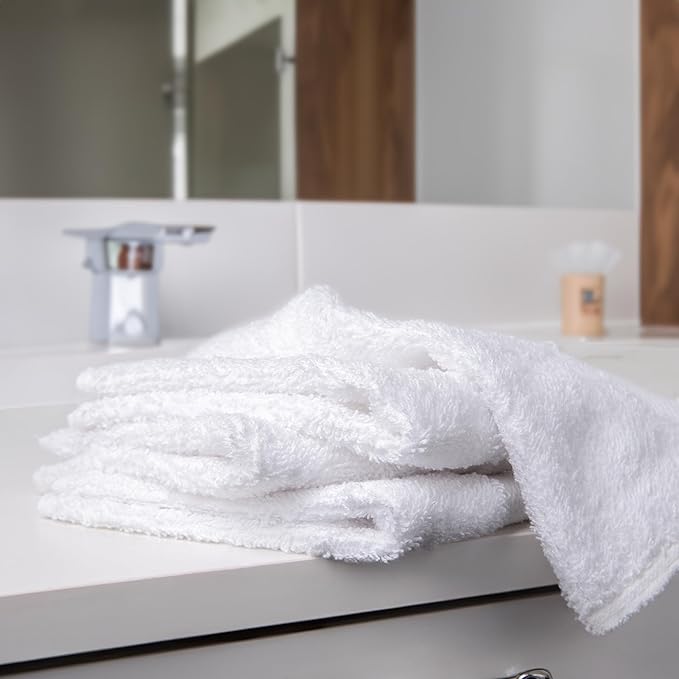 Bulk Spa White Washcloths – Set of 24 – Size 12” x 12” – Thick Loop Pile Washcloth – Absorbent and Soft 100% Ring-Spun Cotton Wash Cloth – Lint Free Face Towel – Wash Cloths Perfect for Bathroom
