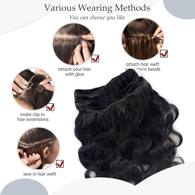 Sew in Bundles Hunan Hair Weft Extensions 20 Inch Body Wave Natural Black Hair Extensions Real Remy Hair Wefts Sew in 100G Hand Tied Weft Hair Extension Human Hair Bundles Weave Extensions for Women